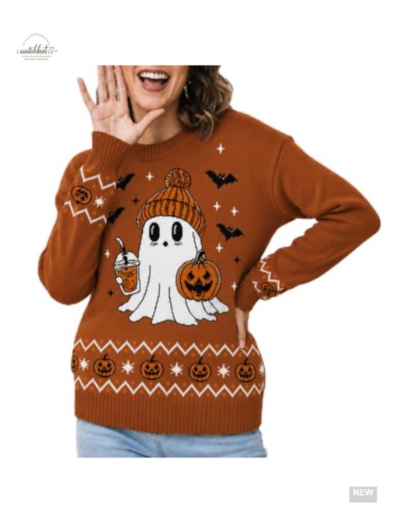 Sweaters - Women's Halloween Ghost Pumpkin Knit Pullover Sweater Crewneck